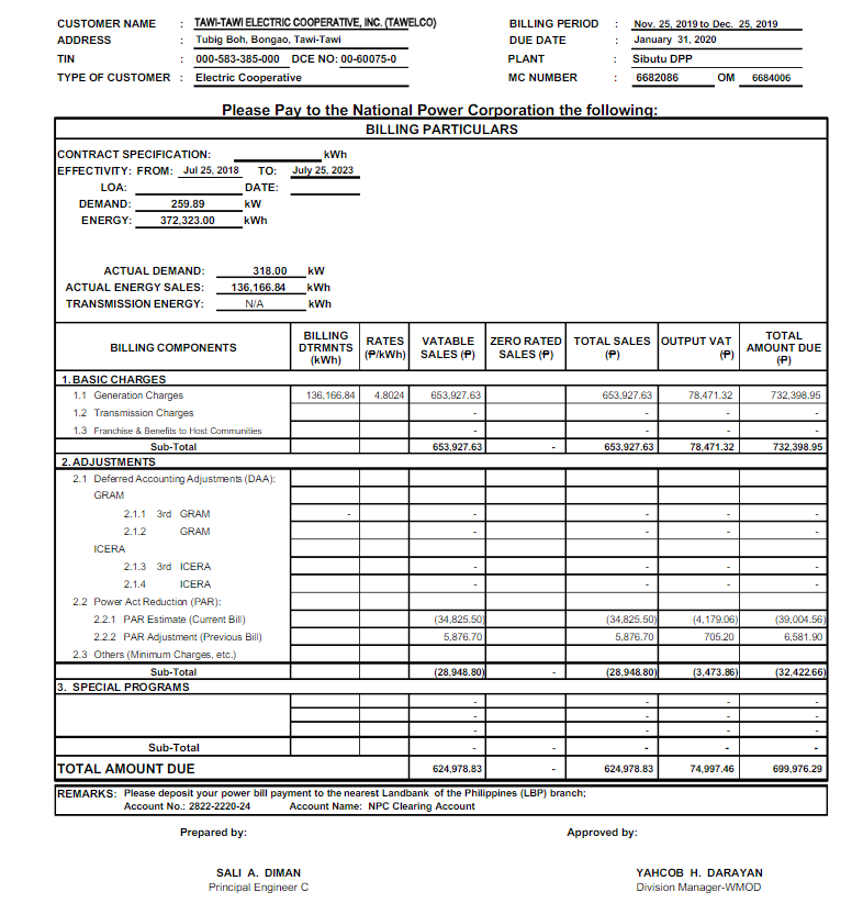PHILIPPINES TAWELCO utility bill Word and PDF template